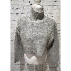 Elodie Womens Cropped Sweater Gray Long Sleeve High Neck Ribbed Knit Medium